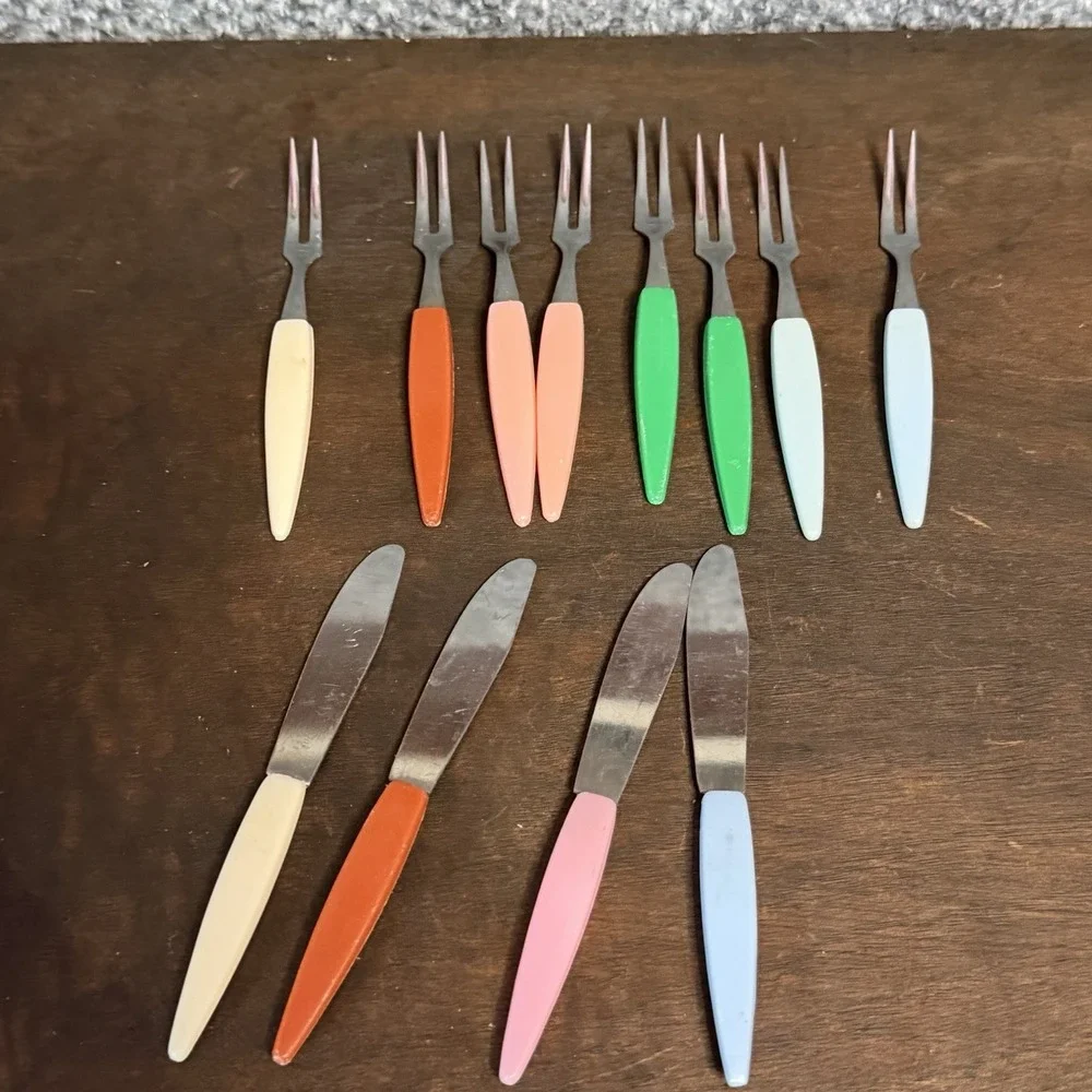 Little Fork Set of 12 Hors D'oeuvre Forks Spreader Retro Stainless Steel 1960's